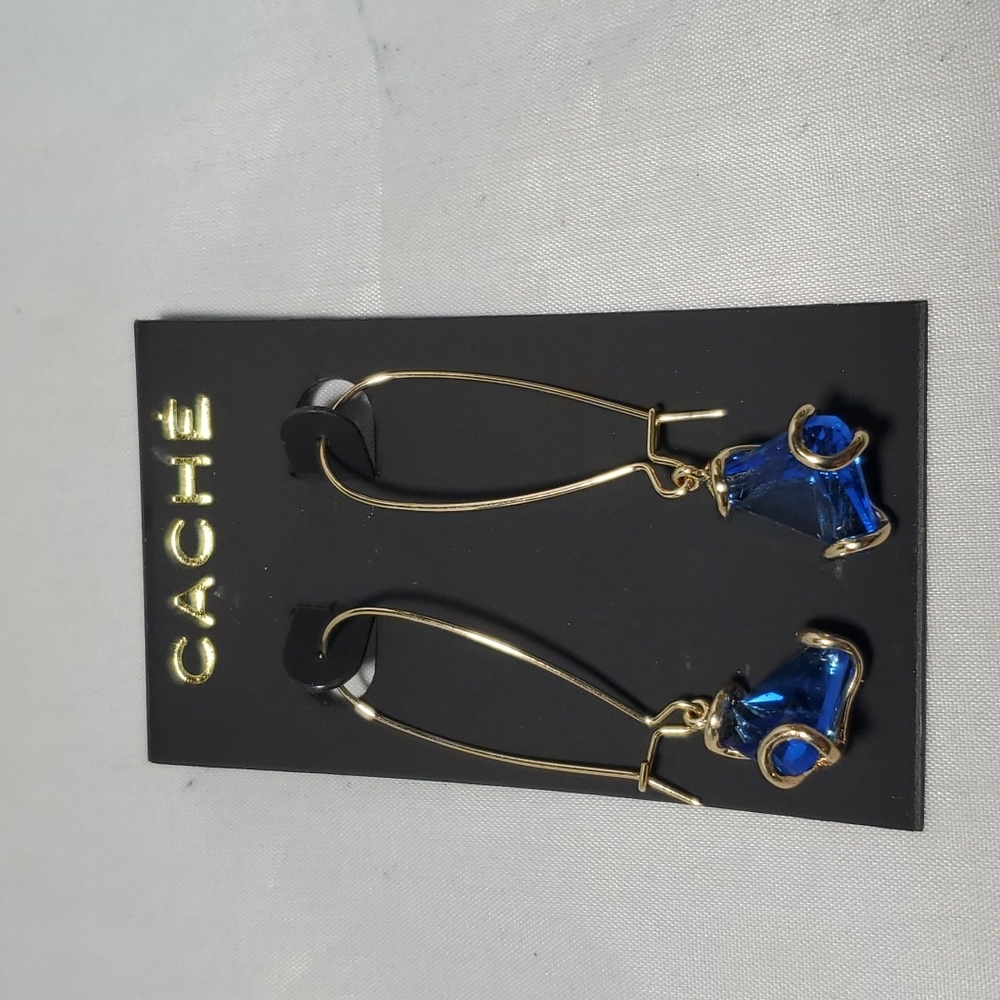 Cache Gold French Wire Blue Stone Dangle Earrings – 2” Drop - Picture 3 of 4